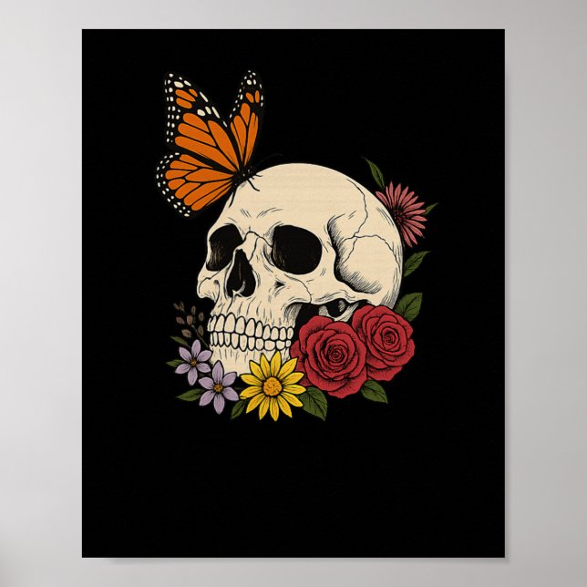 Affiche Crânes Papillon Monarque Fleurs Halloween Hommes F (Devant)