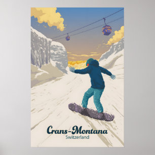 Affiche Crans Montana Suisse Snowboard Voyage