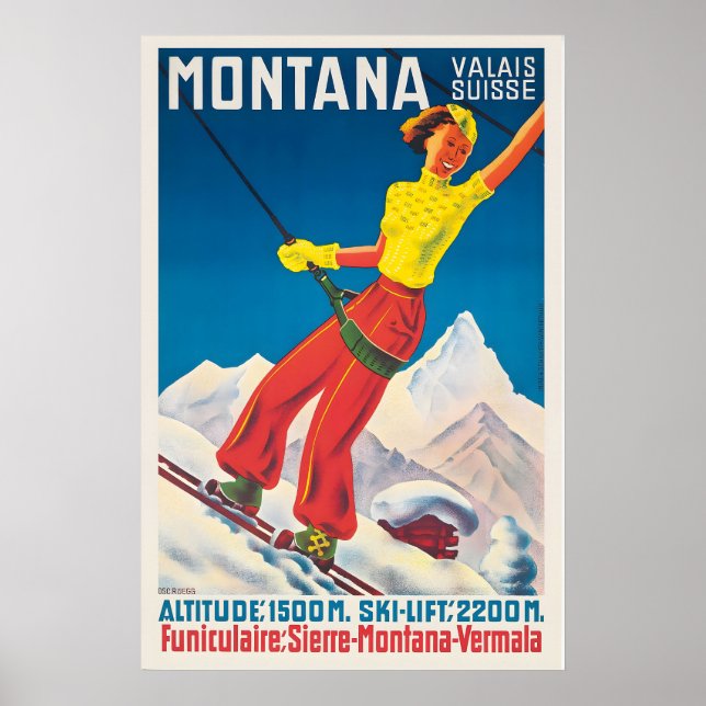 Affiche Crans-Montana Valais Suisse Vintage Ski (Devant)