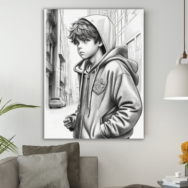 Affiche Crayon noir et blanc dessin garçon AI Art généré (Créateur téléchargé)