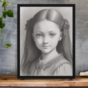 Affiche Crayon noir et blanc Dessin Girl Portrait