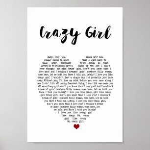 Affiche Crazy Girl Heart Chanson Lyrique Wall Art Imprimer