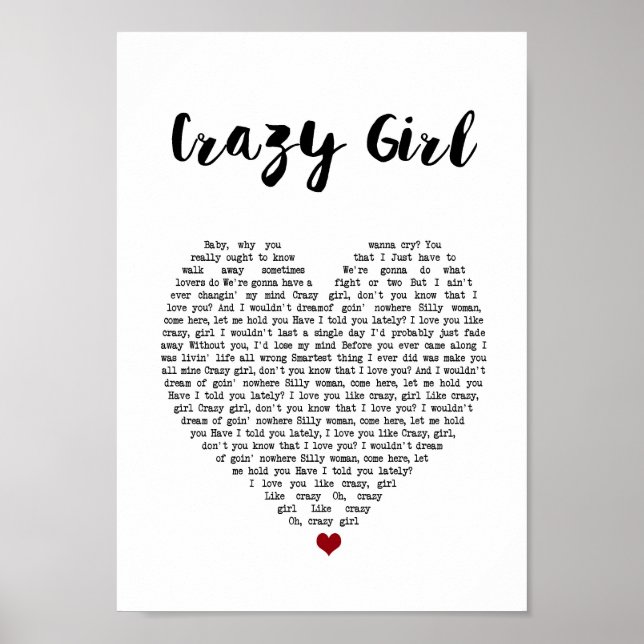Affiche Crazy Girl Heart Chanson Lyrique Wall Art Imprimer (Devant)