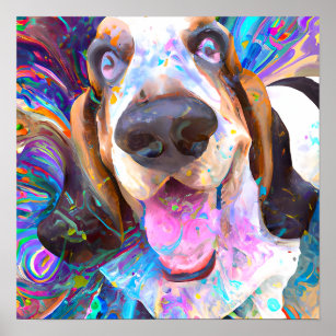 Affiche Crazy Happy Basset Hound Portrait d'art chien