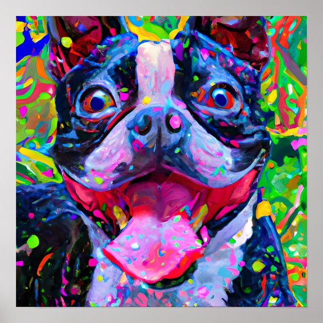 Affiche Crazy Happy Boston Terrier Dog 2 Art Portrait (Devant)
