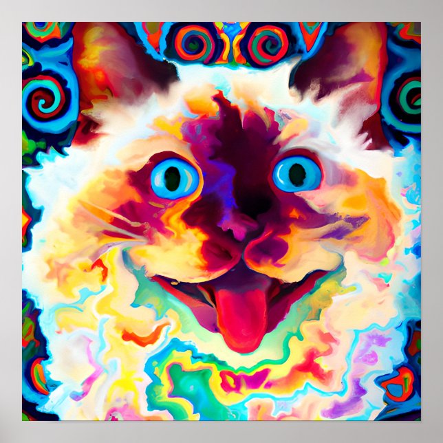 Affiche Crazy Happy Chat Balinais Portrait Art (Devant)