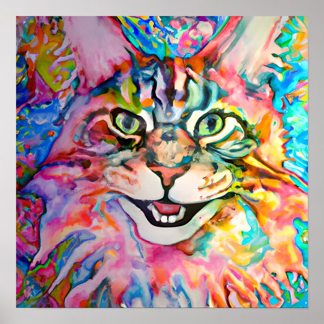 Affiche Crazy Happy Maine Coon Cat Portrait Art (Devant)