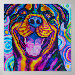 Affiche Crazy Happy Rottweiler Dog Portrait Art