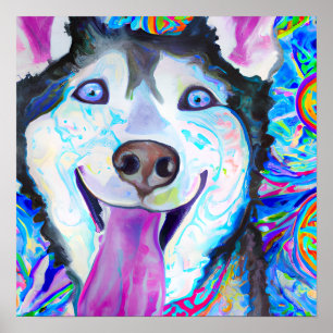 Affiche Crazy Happy Sibérien Husky Portrait Art