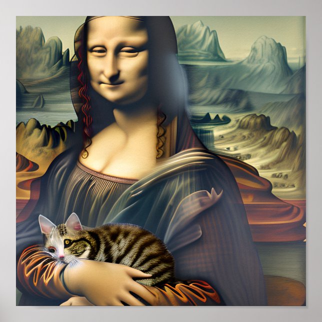 Affiche Crazy Mona Lisa avec Kitty Cat Portrait Art (Devant)