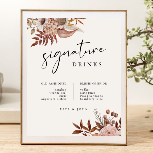 Affiche Cream Boho Floral Bar Signature Boissons Mariage (Créateur téléchargé)