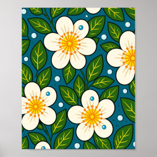 Affiche Creamy White Florals Pattern with Green Leaves