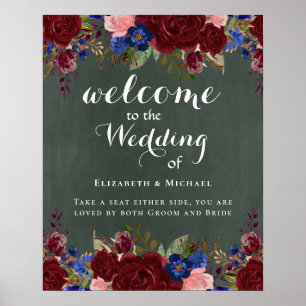 Affiche Create Wedding Welcome Sign Burgundy Blue Floral