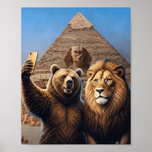 Affiche Créatif drôle Lion et Selfie d'ours
