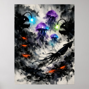 Affiche Créatures de haute mer, art à l'aquarelle