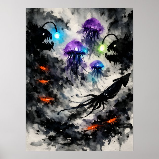 Affiche Créatures de haute mer, art à l'aquarelle (Devant)