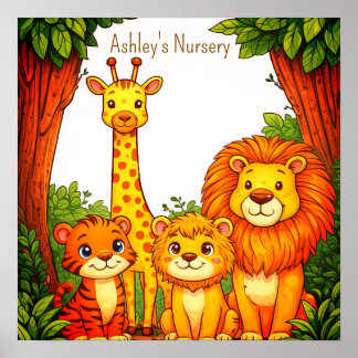 Affiche Crèche Jungle Safari Animaux Marron Blanc