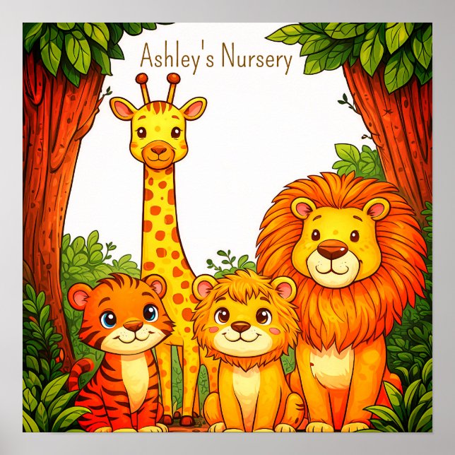 Affiche Crèche Jungle Safari Animaux Marron Blanc  (Devant)