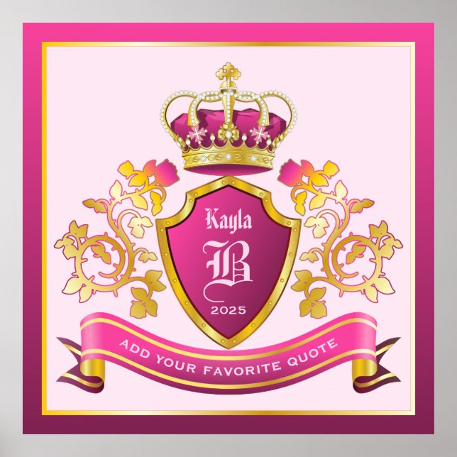 Affiche Créez votre propre blason rose couronne d'or perle (Devant)