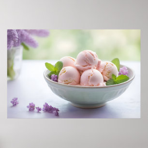 Affiche Crème de glace rose avec Fleurs Lilac et Menthe ve