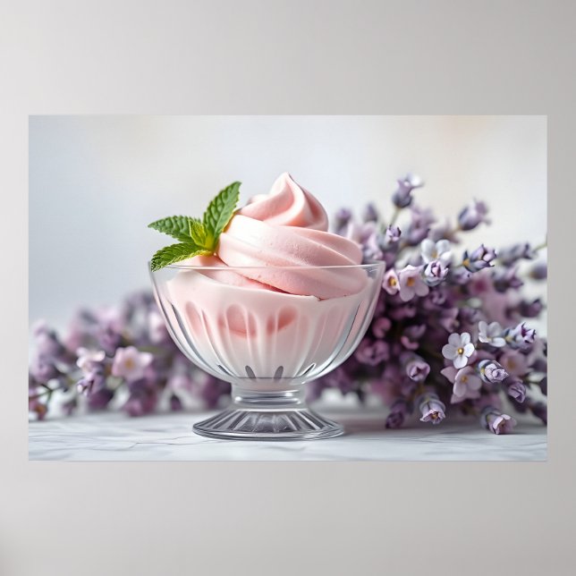 Affiche Crème de glace rose avec Fleurs Lilac et Menthe ve (Devant)