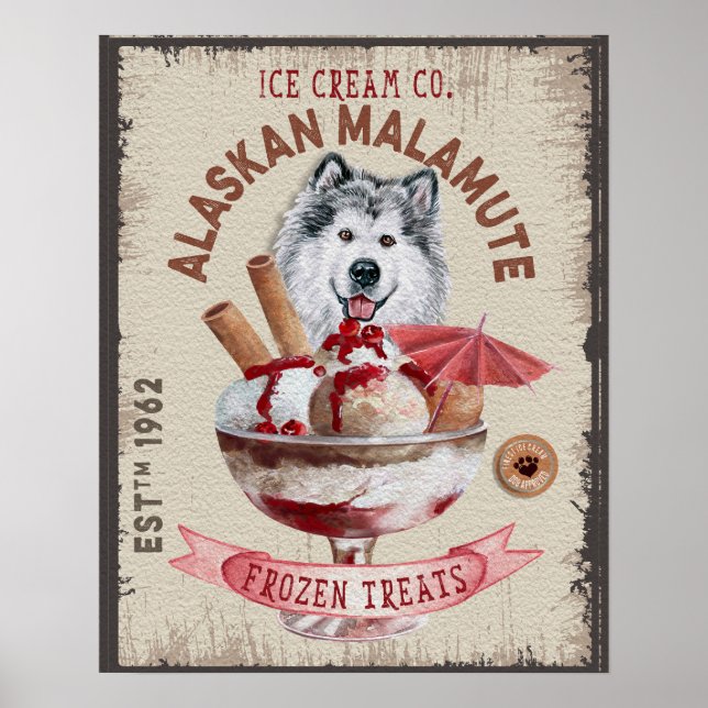 Affiche Crème glacée de chien drôle Malamute d'Alaska (Devant)