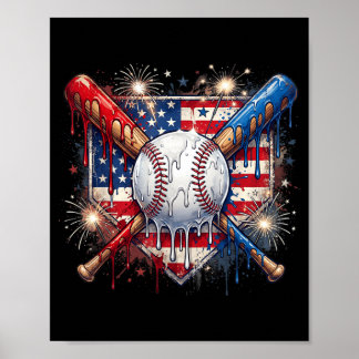 Affiche Crème Glacée Dégoulinante de Baseball du 4 Juillet