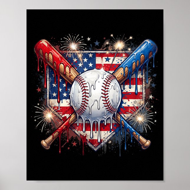 Affiche Crème Glacée Dégoulinante de Baseball du 4 Juillet (Devant)