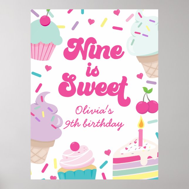 Affiche Crème glacée et gâteau Neuf est doux 9e anniversai (Devant)