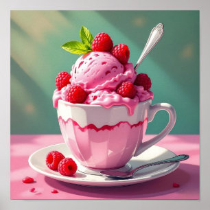 Affiche Crème glacée framboise dans une coupe de café rose
