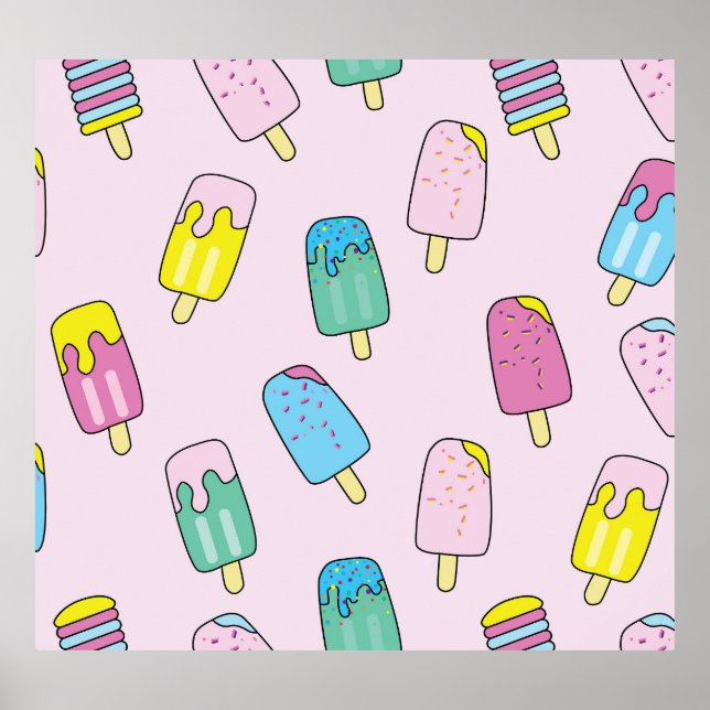 Affiche Crème glacée mignonne : motif de fruits. (Devant)