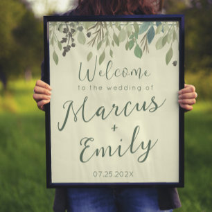 Affiche Crème moderne et Mariage Eucalyptus Bienvenue