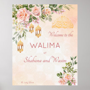 Affiche crème pastel rose lanternes marocaines bienvenue