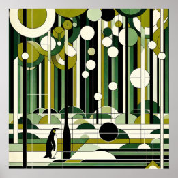 Affiche Crème vert olive Géométrique Forêt de pingouins Ré