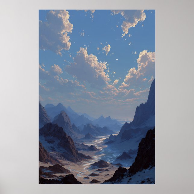 Affiche Crescent Moon Over Misty Mountain Valley (Devant)