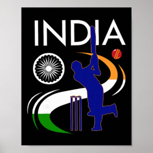 Affiche Cricket indien avec brosse drapeau indien Ashoka