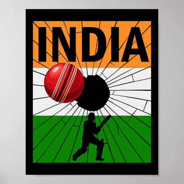 Affiche Cricket indien avec pinceau de drapeau indien Asho (Devant)