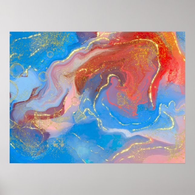 Affiche Crimson, Blush, Blue and Gold Marbled Alcohol Ink (Devant)
