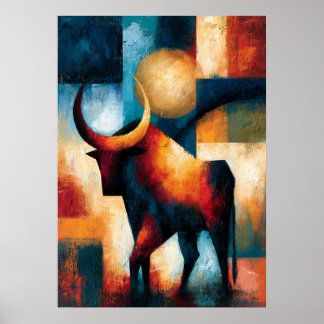 Affiche Crimson Bull Japanese Geometric Animal Art