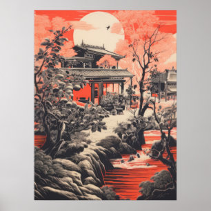 Affiche Crimson Serenity : Maison chinoise traditionnelle