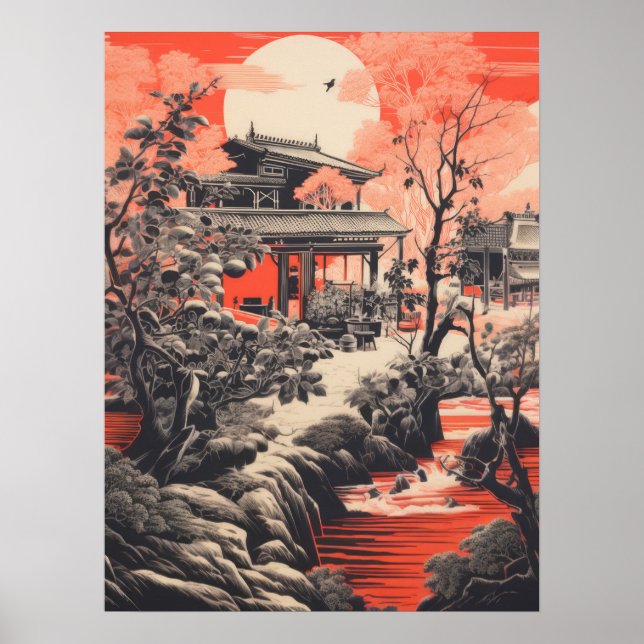 Affiche Crimson Serenity : Maison chinoise traditionnelle (Devant)