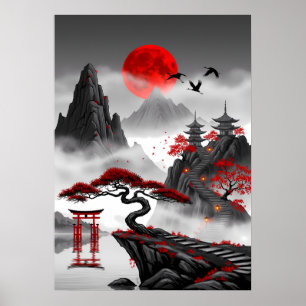 Affiche Crimson Zen : paysage de lune rouge japonaise