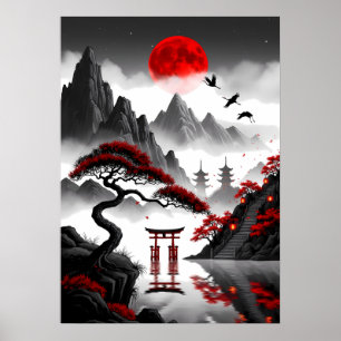 Affiche Crimson Zen : paysage japonais à la lune rouge
