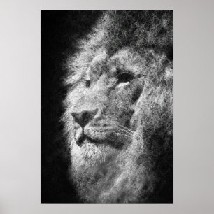 Affiche crinière de lion noir et blanc fine ligne art