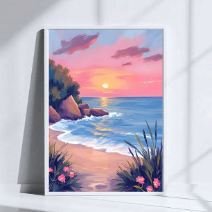Affiche Crique paradisiaque Coucher de soleil aux vagues