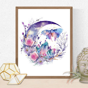 Affiche Cristaux papillons Croissant Lune Fleurs Spirituel
