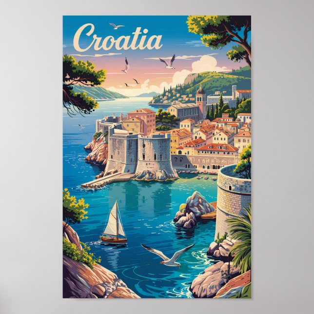 Affiche Croatia Dubrovnik Illustration Travel Art Vintage (Devant)