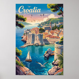 Affiche Croatie Dubrovnik Illustration Voyage Art Vintage
