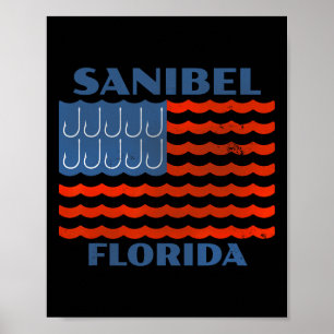 Affiche Crochet de pêche vintage Sanibel Drapeau américain