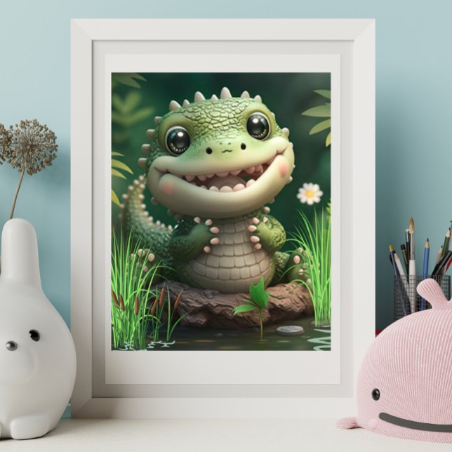 Affiche Crocodile blanc mignon souriant près de Pond Art (Créateur téléchargé)